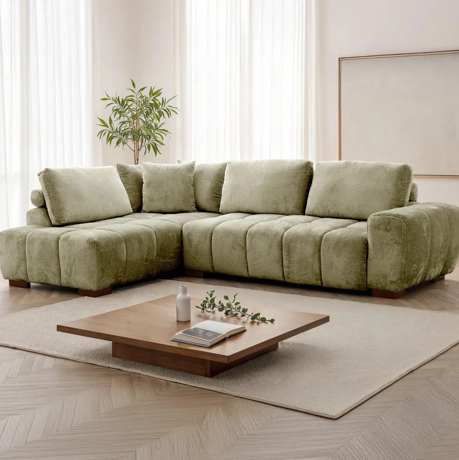Sectionnel de style guimauve avec chaise longue à gauche - sauge