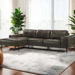 Sectionnel en cuir véritable avec chaise longue à gauche