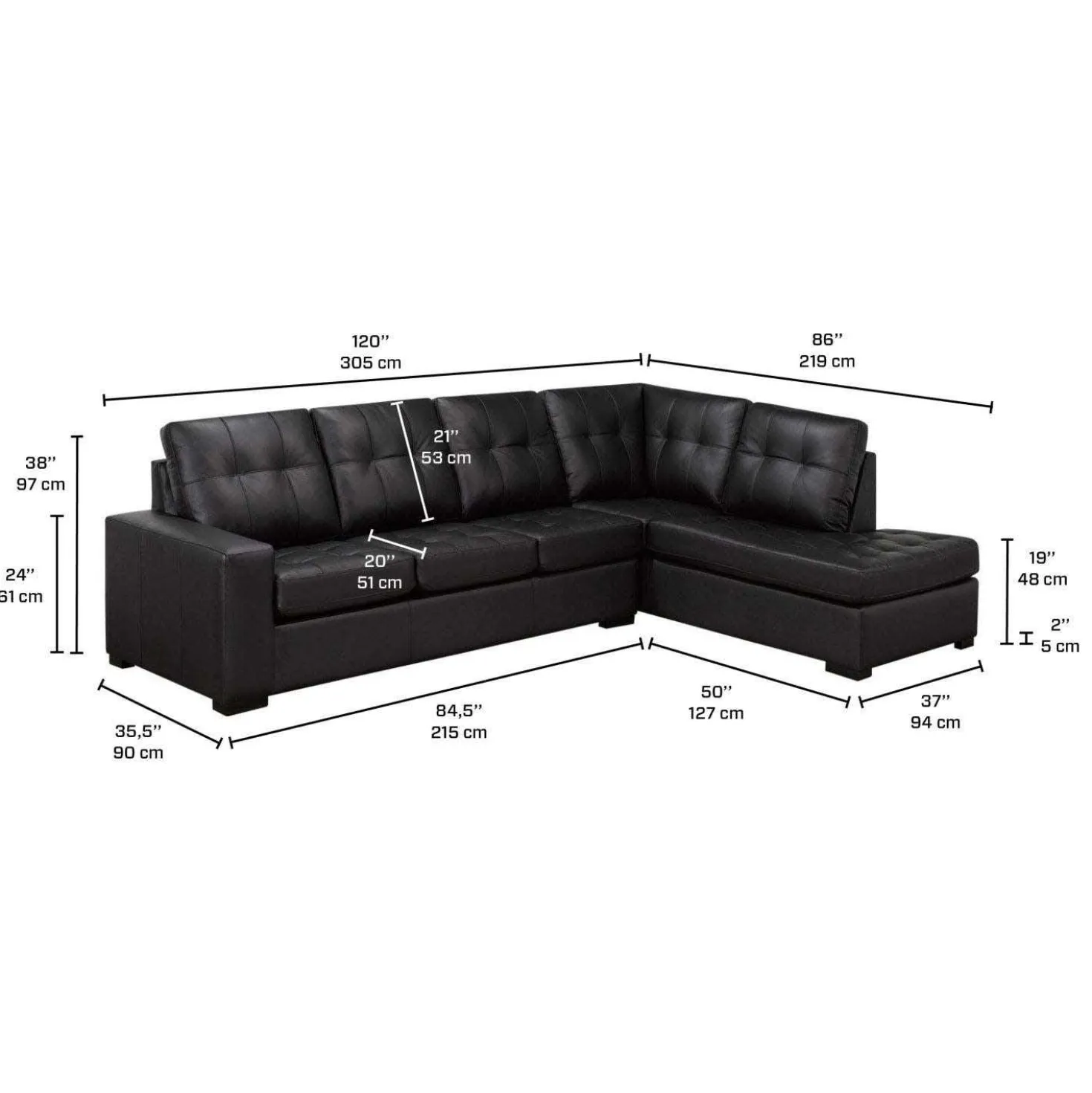 Sectionnel en cuir véritable - Chaise longue à droite