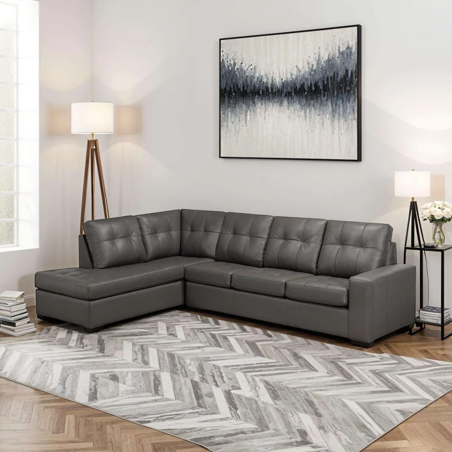 Sectionnel en cuir véritable - Chaise longue à gauche