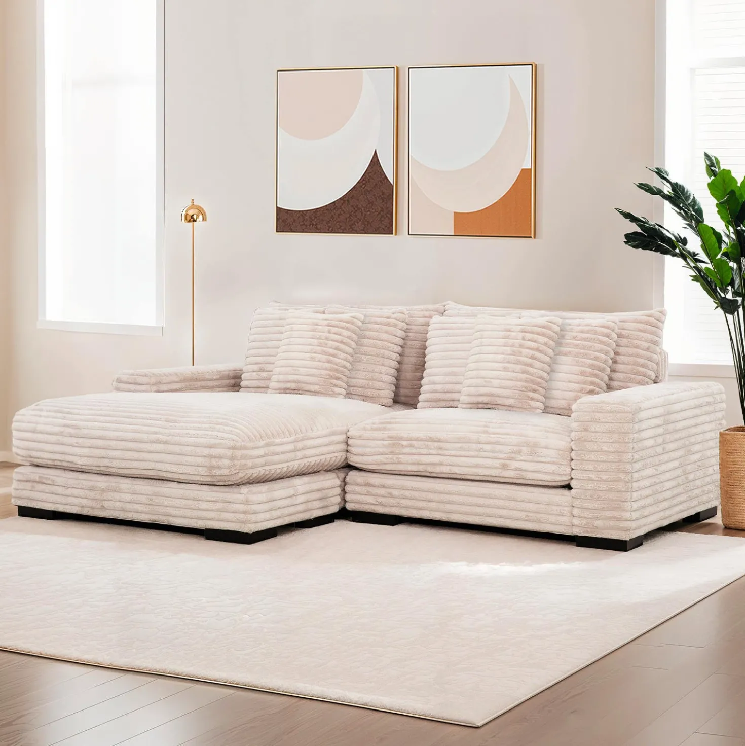Sectionnel en velours côtelé avec chaise longue réversible - taupe pâle