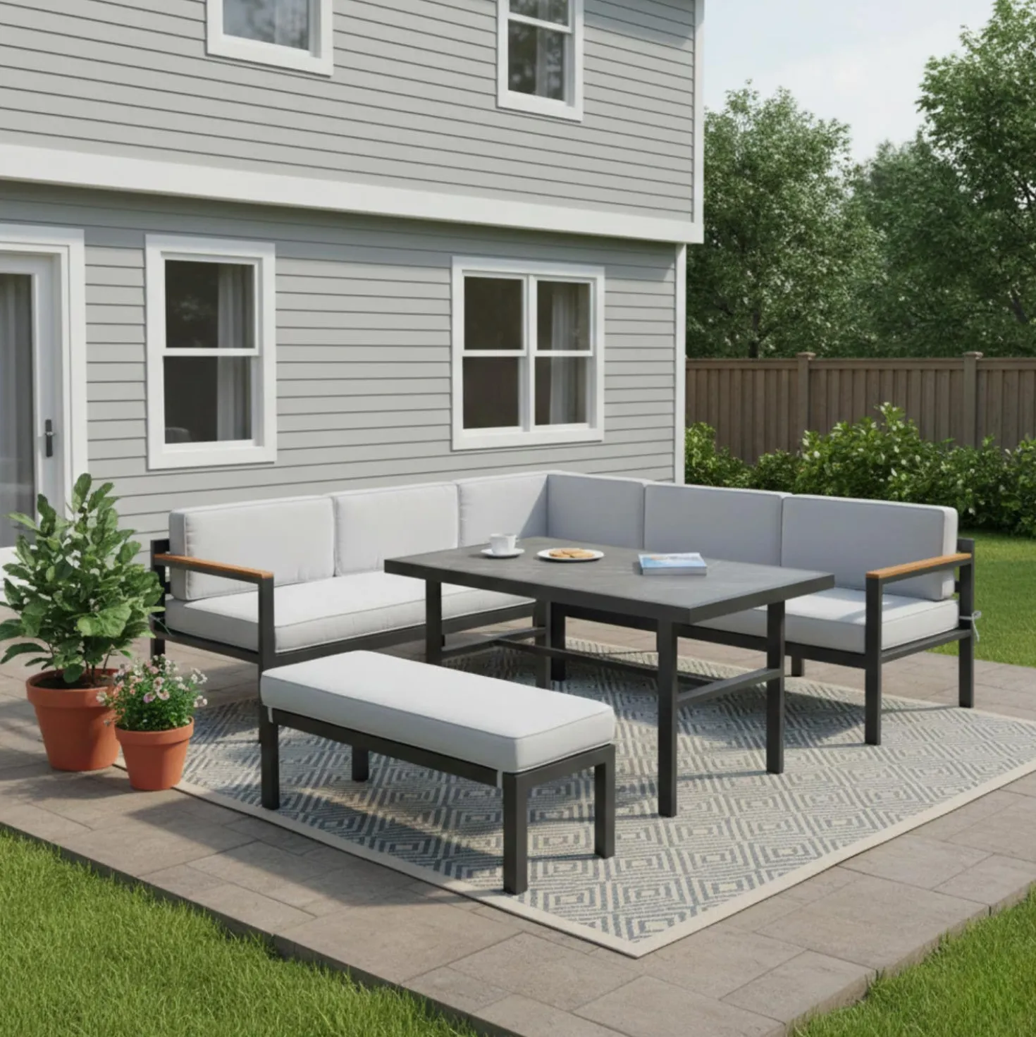Sectionnel extérieur en acier avec table à manger et banc - 3 mcx