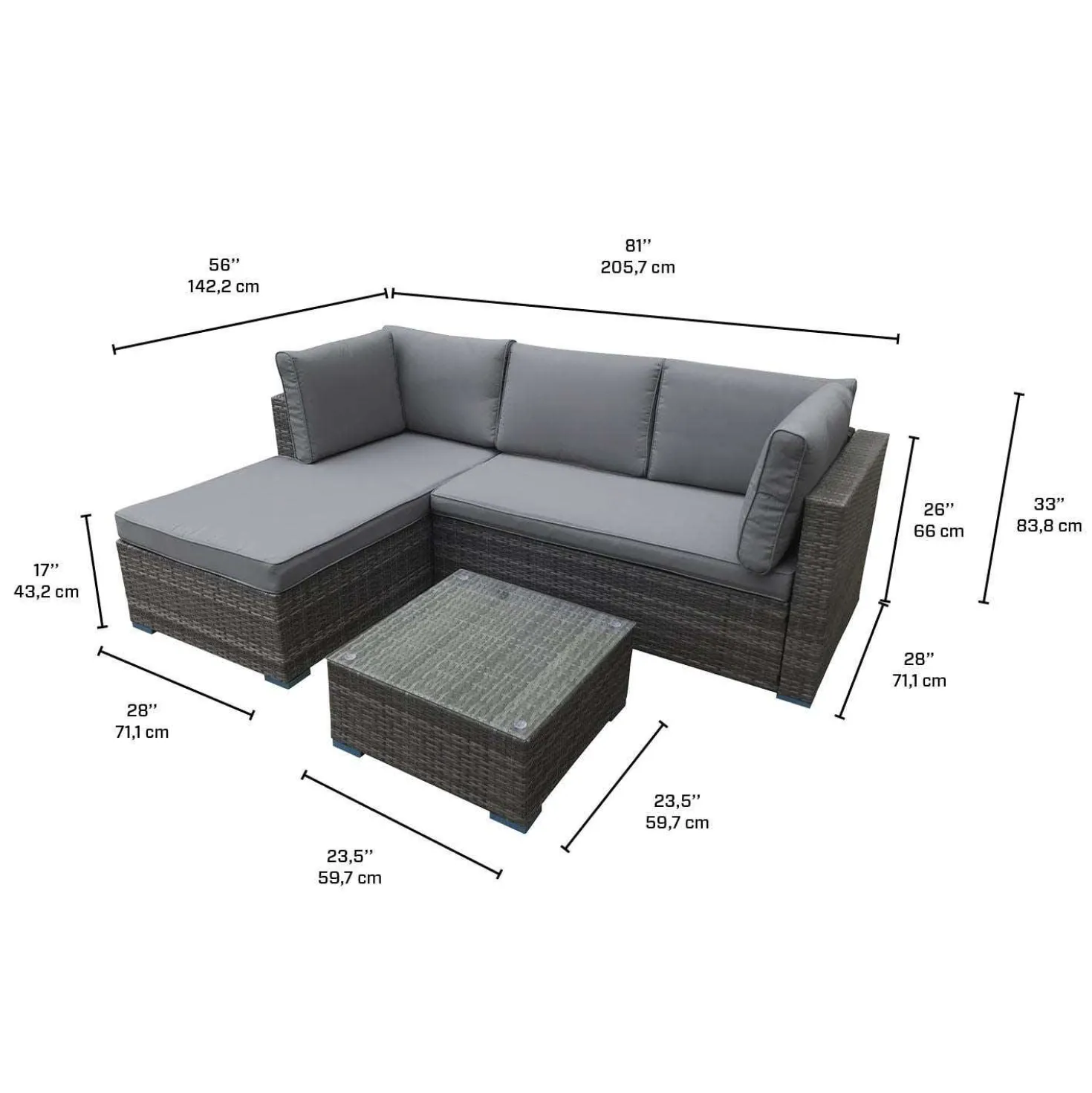 Sectionnel extérieur en rotin avec table basse - 2 mcx