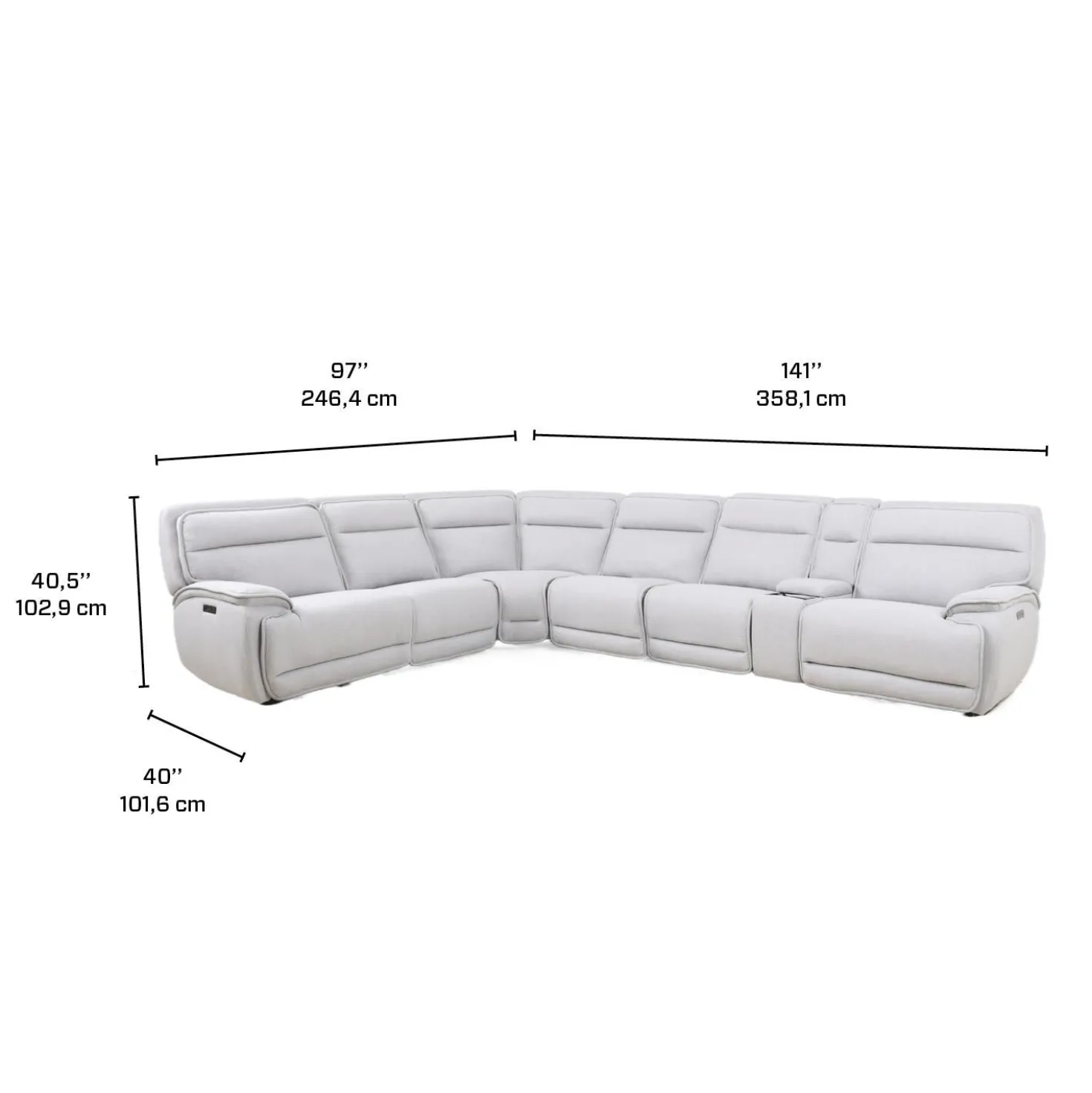 Sectionnel modulaire inclinable électrique, appuis-tête ajustables, console avec système audio et siège avec dossier rabattable - 7 mcx