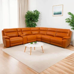 Sectionnel modulaire inclinable électrique avec console en cuir véritable - 6 mcx