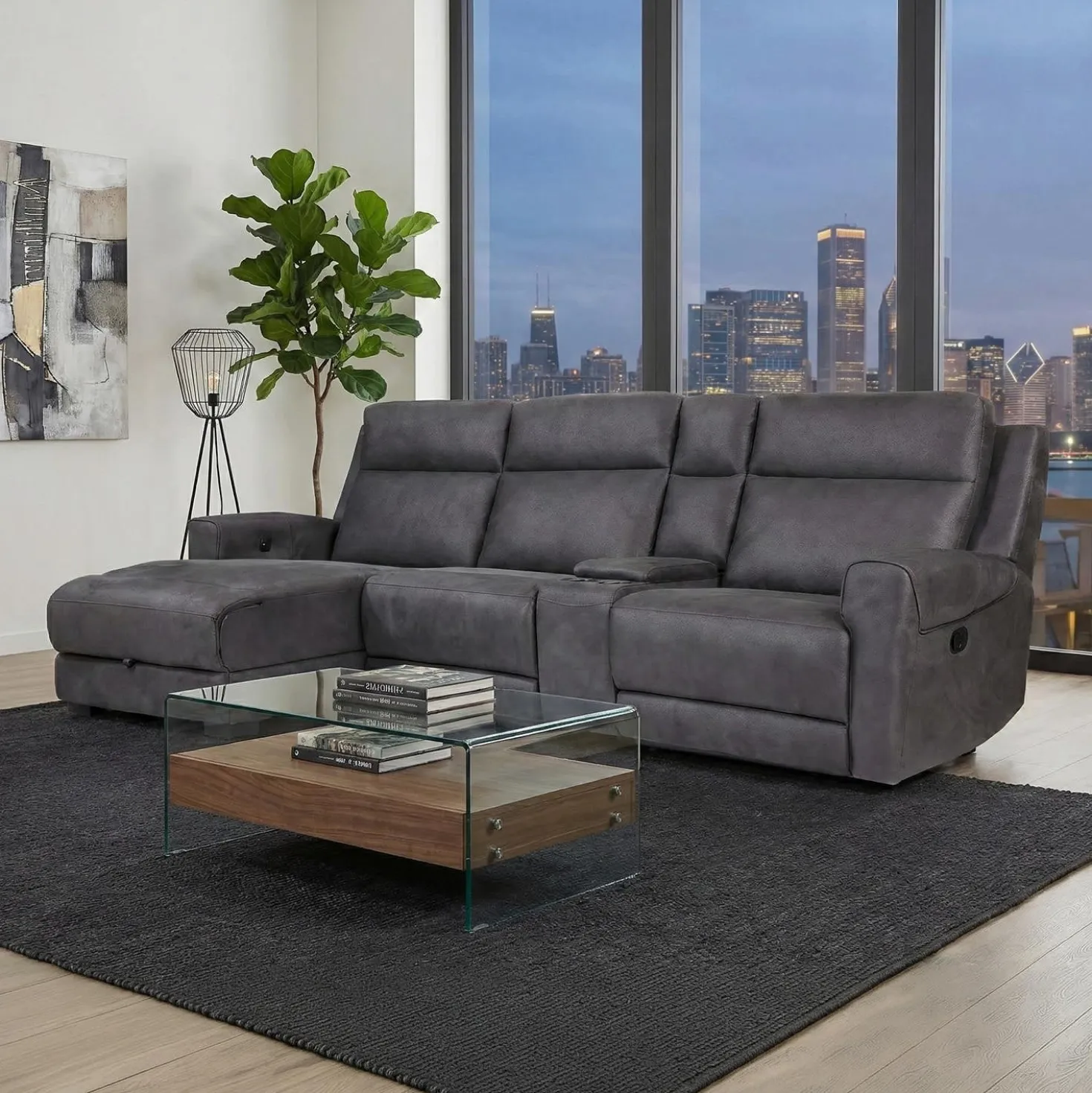 Sectionnel modulaire inclinable, siège rabattable, chaise longue avec rangement, console avec porte-gobelets et ports USB/USB-C - 4 mcx