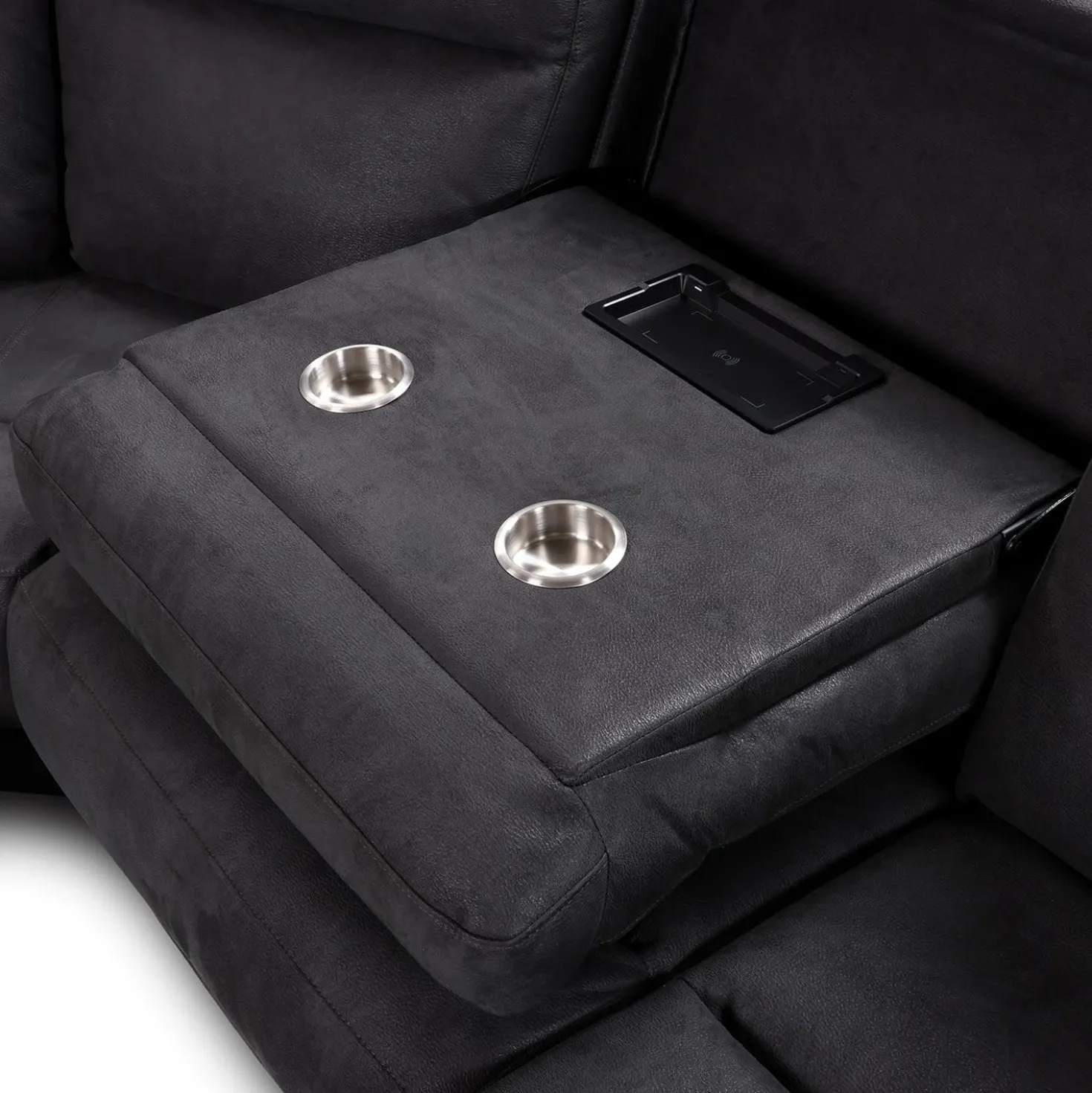 Sectionnel modulaire inclinable, sièges rabattables, chaise longue avec rangement, console avec porte-gobelets et ports USB/USB-C - 6 mcx