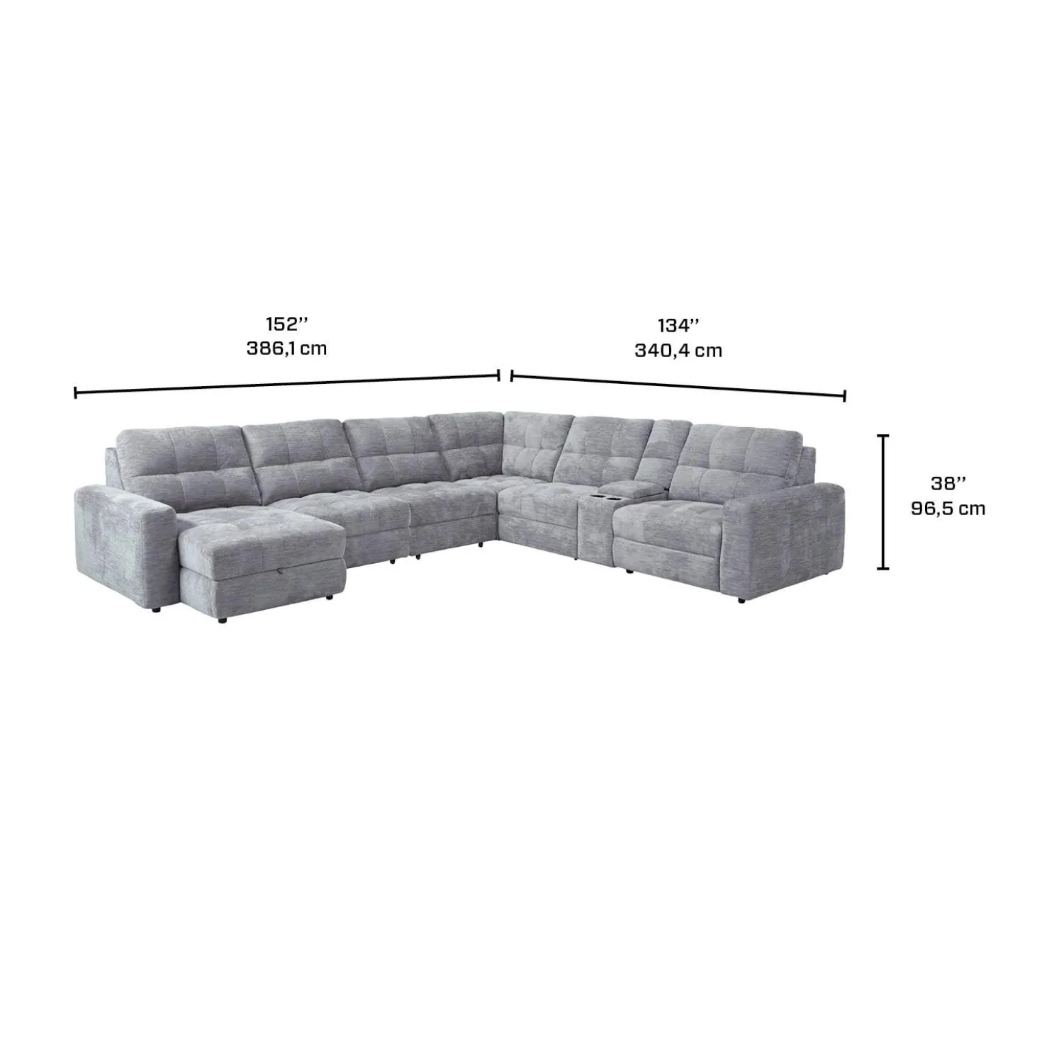 Sectionnel modulaire électrique inclinable avec 2 sièges coulissants, chaise longue à gauche avec rangement et console - 7 mcx
