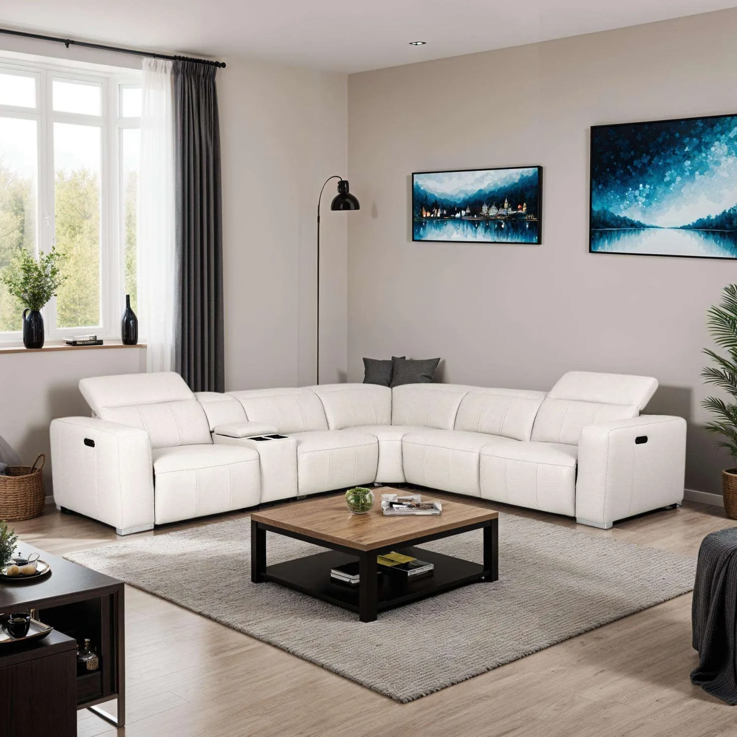 Sectionnel modulaire électrique inclinable en cuir véritable avec appui-têtes ajustables – 6 mcx