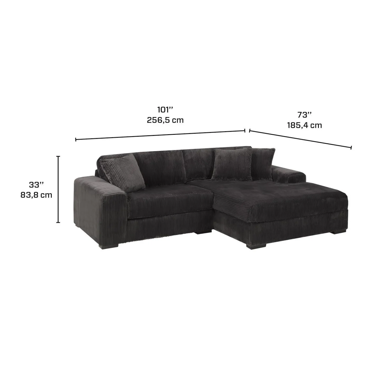 Sofa en velours côtelé avec chaise longue à droite - gris foncé