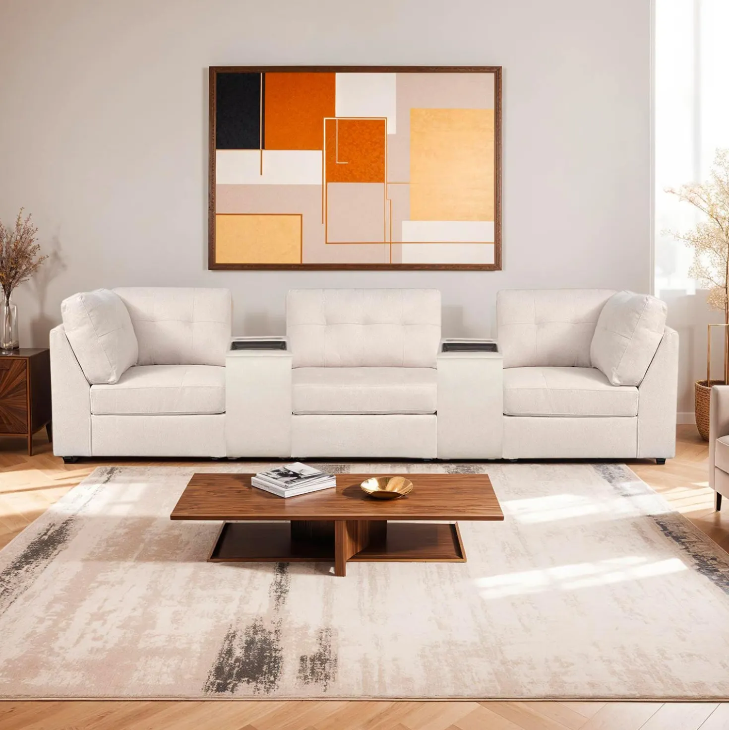 Sofa modulaire beige avec 2 consoles - 5 mcx