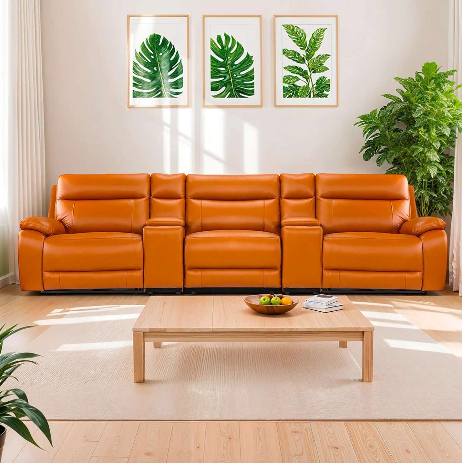 Sofa modulaire inclinable électrique avec 2 consoles en cuir véritable - 5 mcx