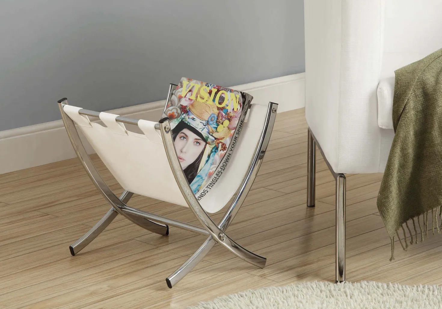 Support magazine - simili-cuir blanc, métal chrome - Monarch