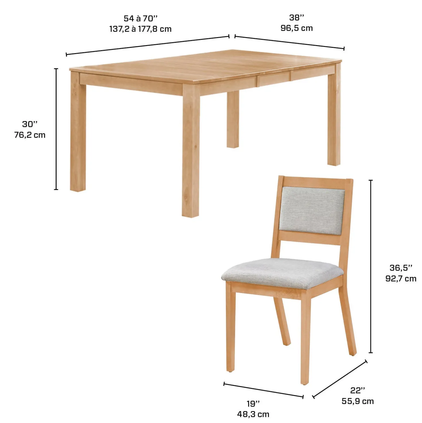 Table avec rallonge (54" à 70") et 4 chaises - bois naturel