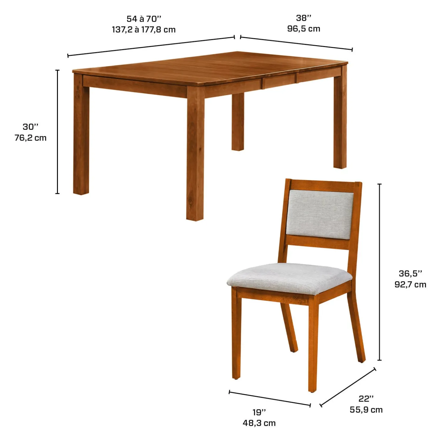 Table avec rallonge (54" à 70") et 4 chaises - brun