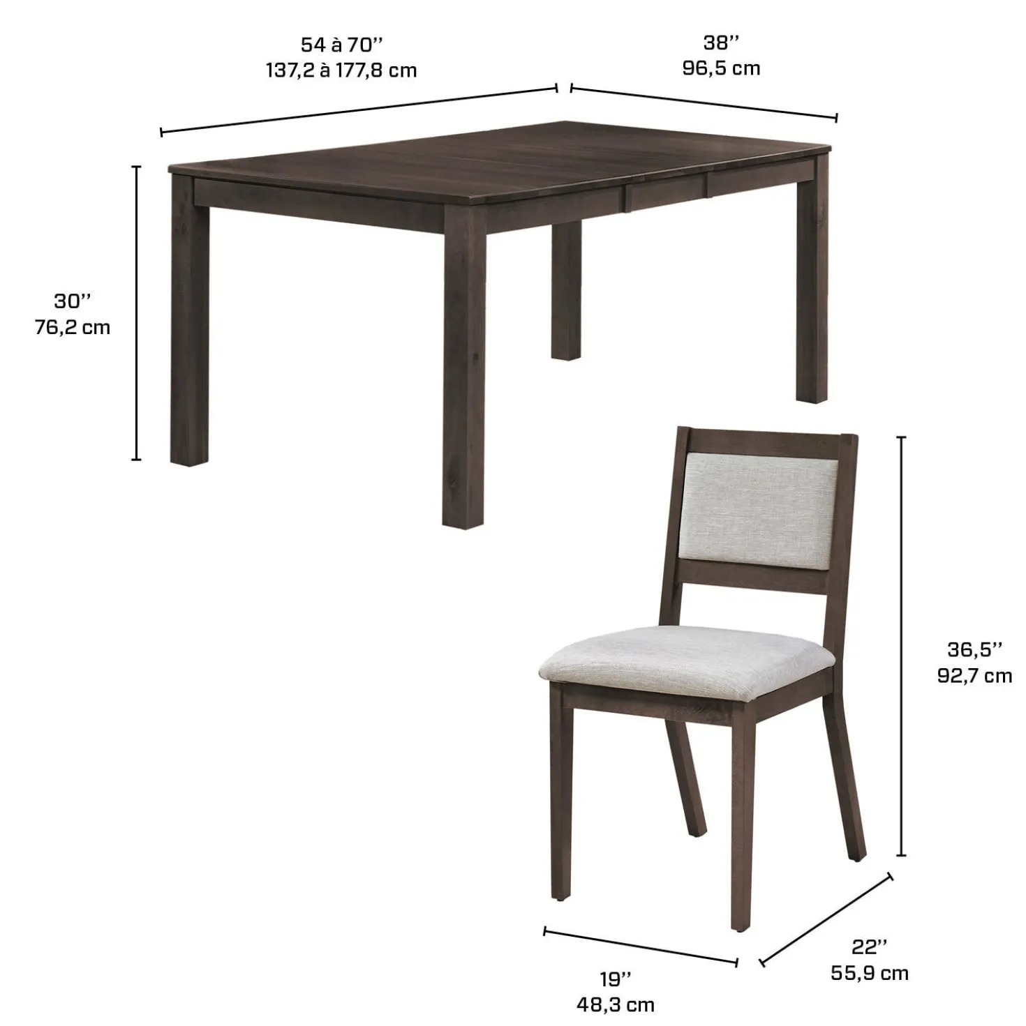 Table avec rallonge (54" à 70") et 6 chaises - ardoise