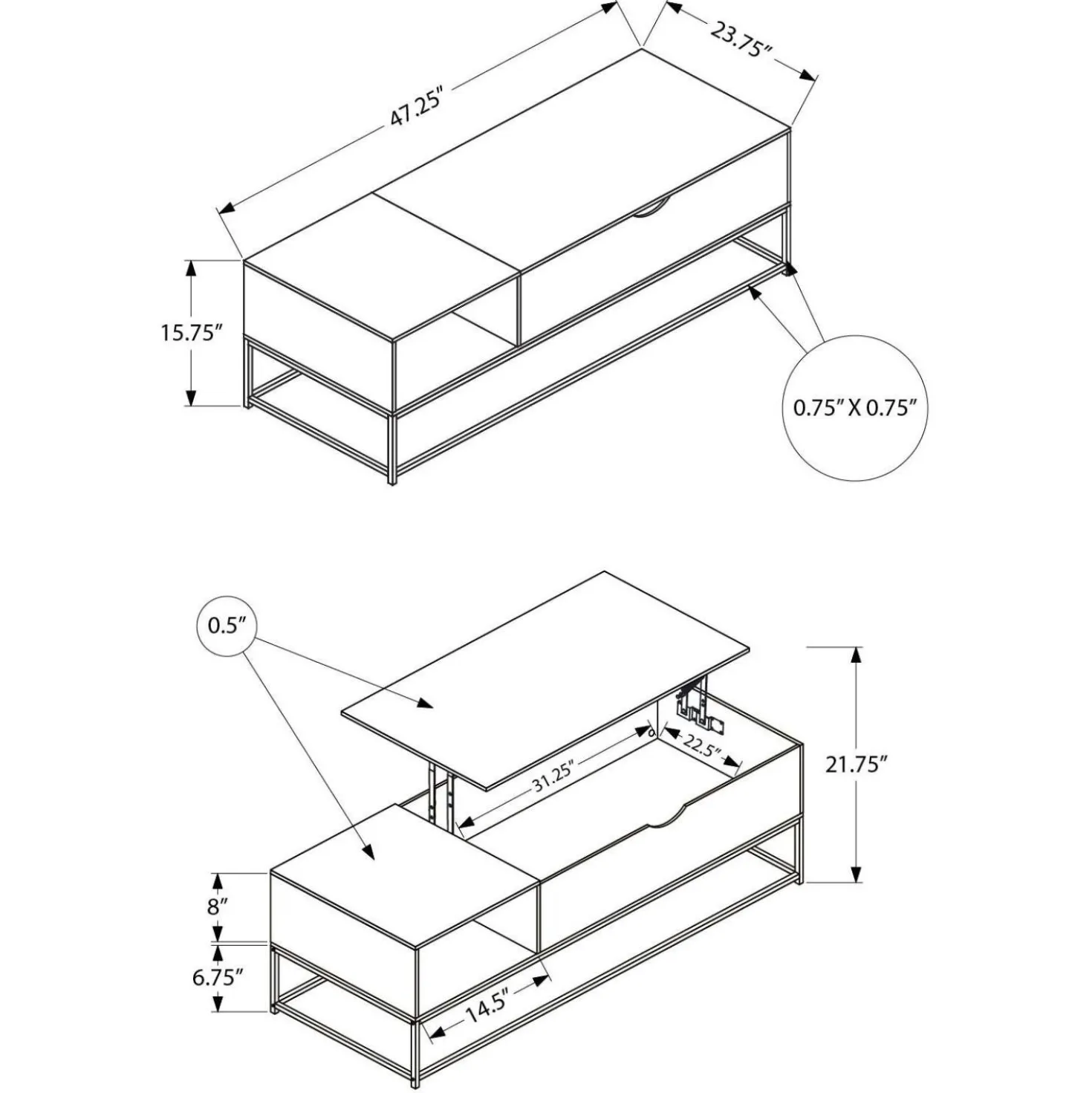 Table à café rectangulaire avec plateau relevable 48" - Monarch