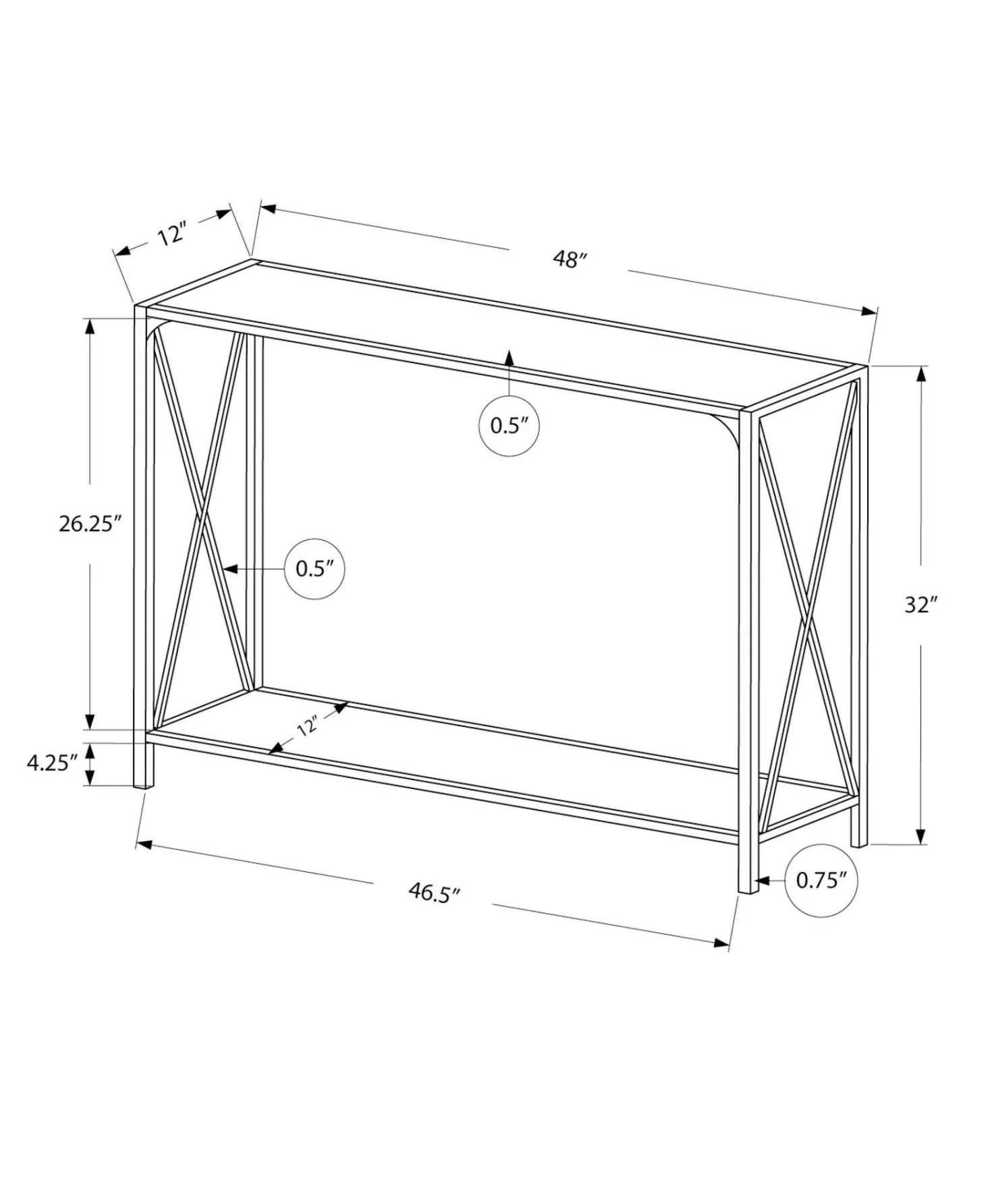 Table console - côtés en forme de x, 1 tablette, rectangulaire - 48"L - fau - Monarch