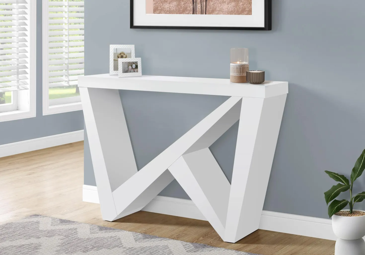 Table console - panneau épais, base asymétrique - 48"L - blanc - Monarch