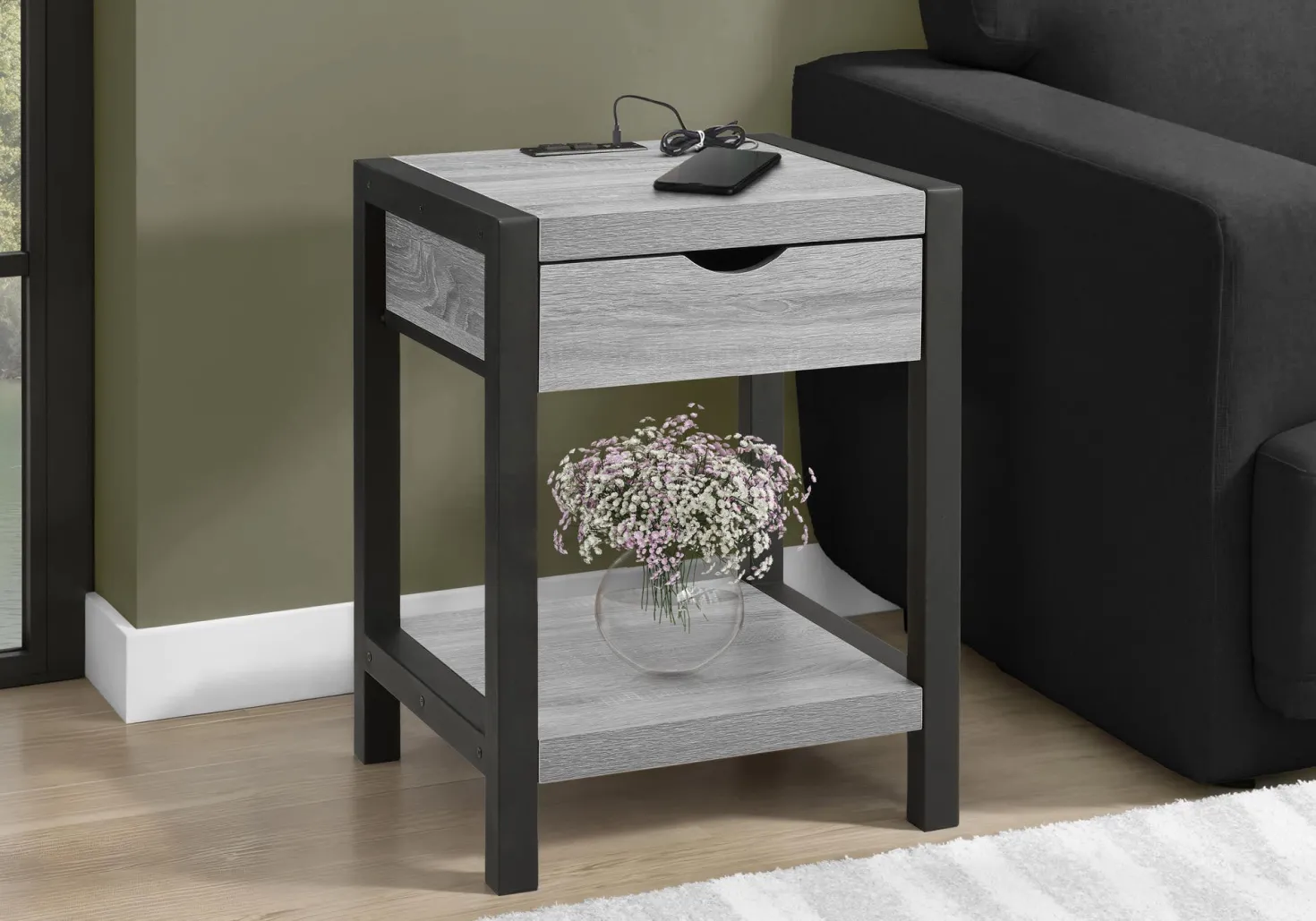 Table d'appoint avec rangement, prise électrique et ports usb - Monarch