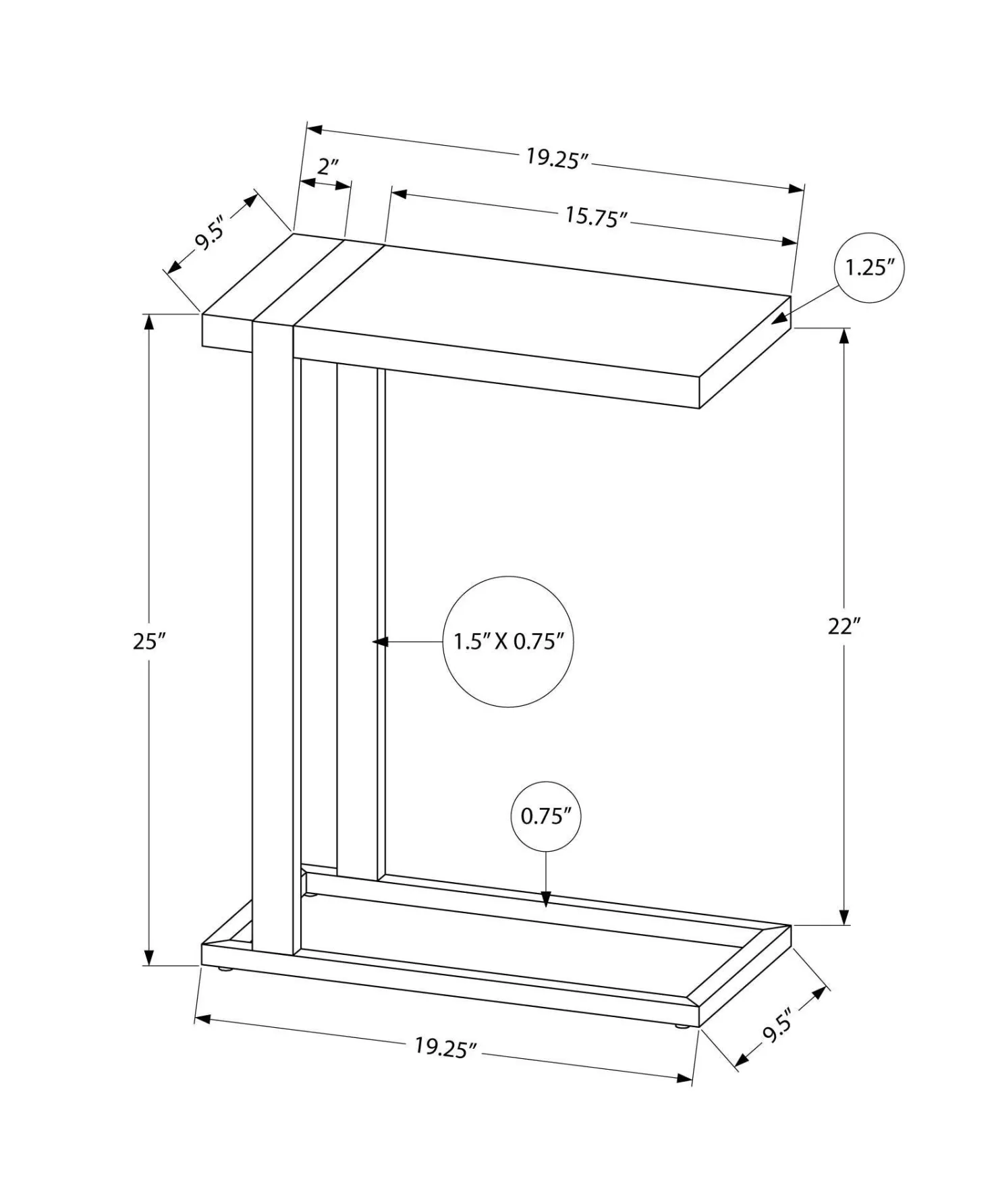 Table d'appoint en c - dessus épais, rectangulaire - 25"H - faux bois récupé - Monarch