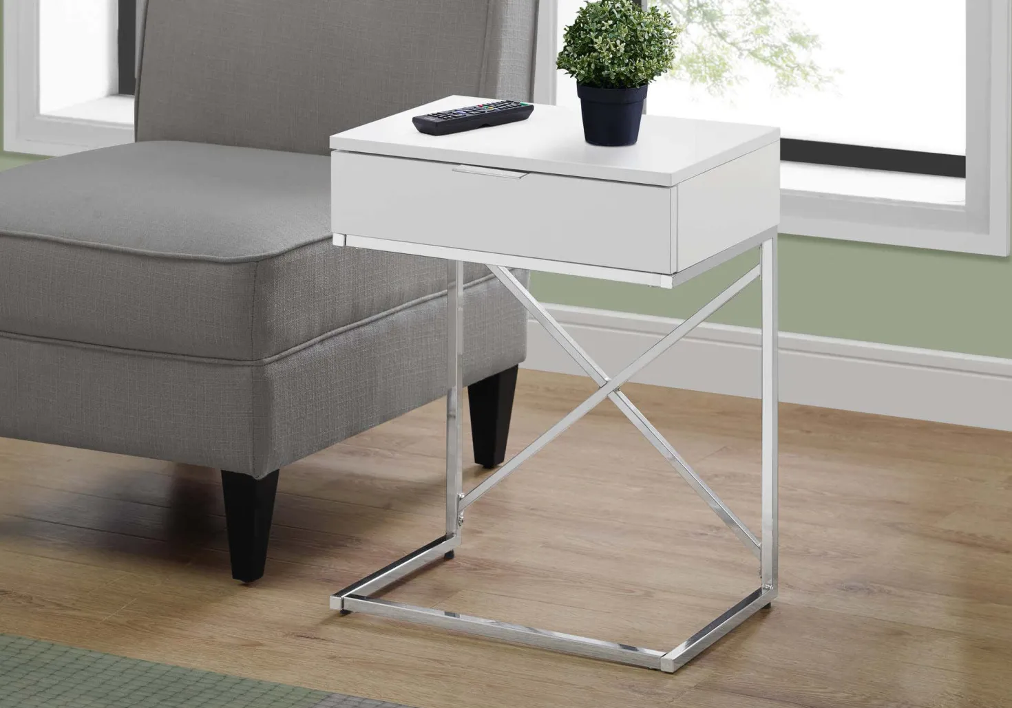 Table d'appoint - 24"H, blanc lustré, métal chrome - Monarch