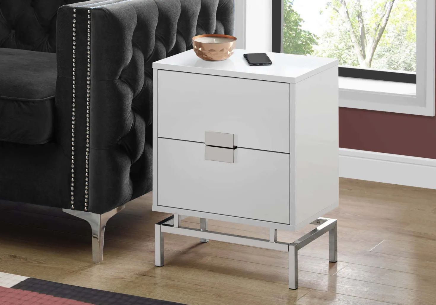 Table d'appoint - 24"H blanc lustré, métal chrome - Monarch