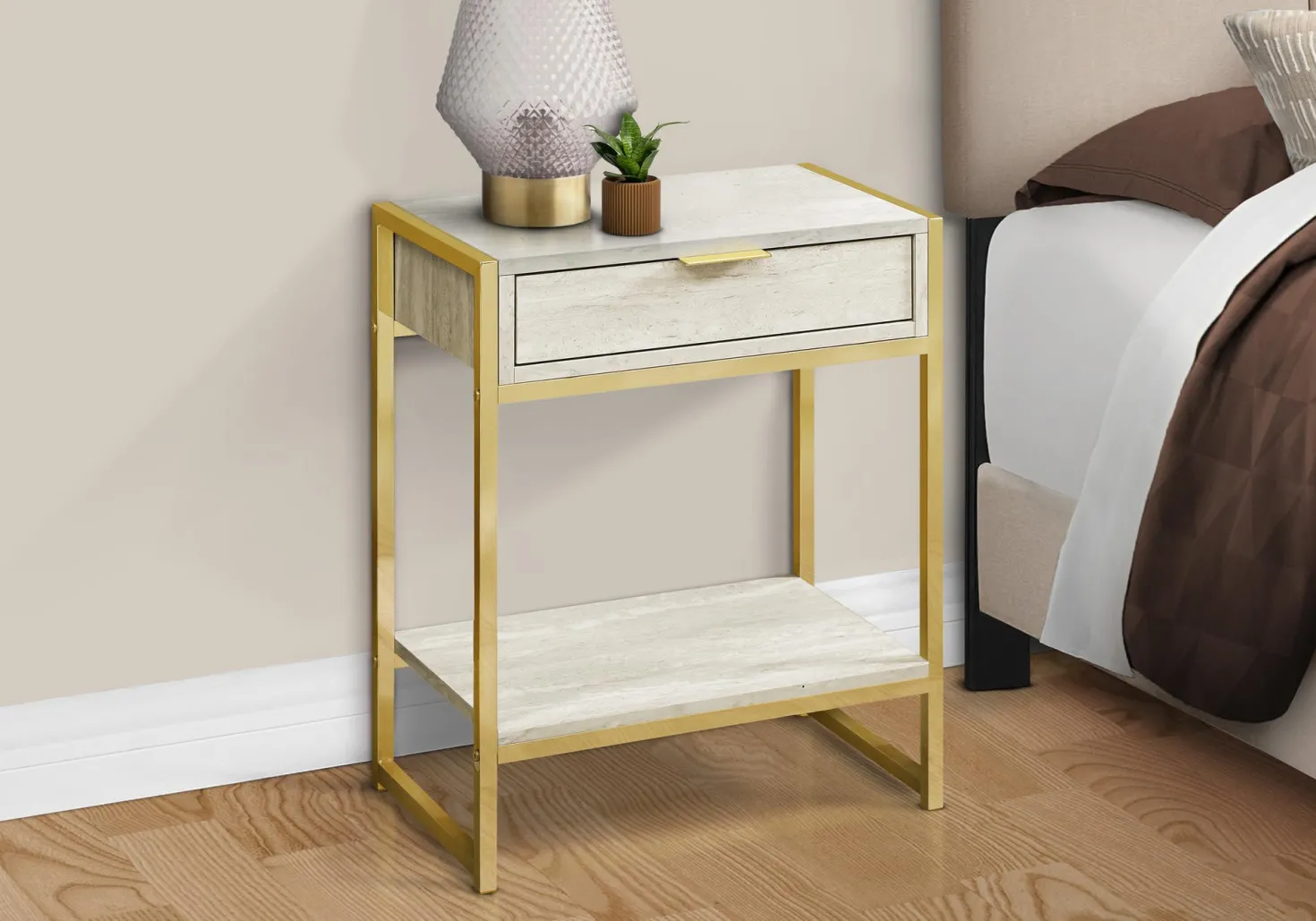 Table d'appoint - 24"H, marbre beige, métal or - Monarch
