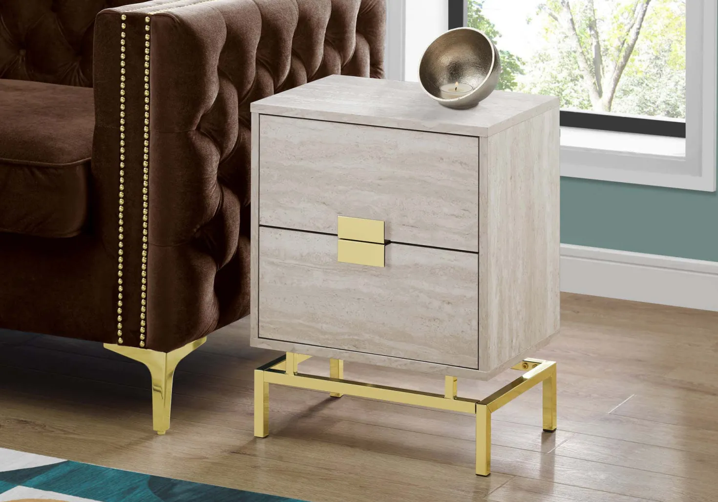 Table d'appoint - 24"H, marbre beige, métal or - Monarch