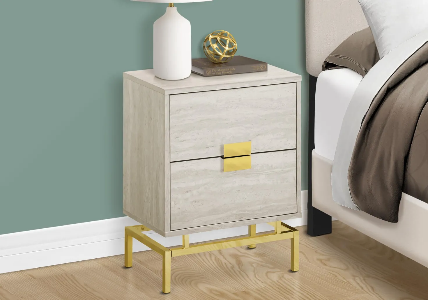 Table d'appoint - 24"H, marbre beige, métal or - Monarch