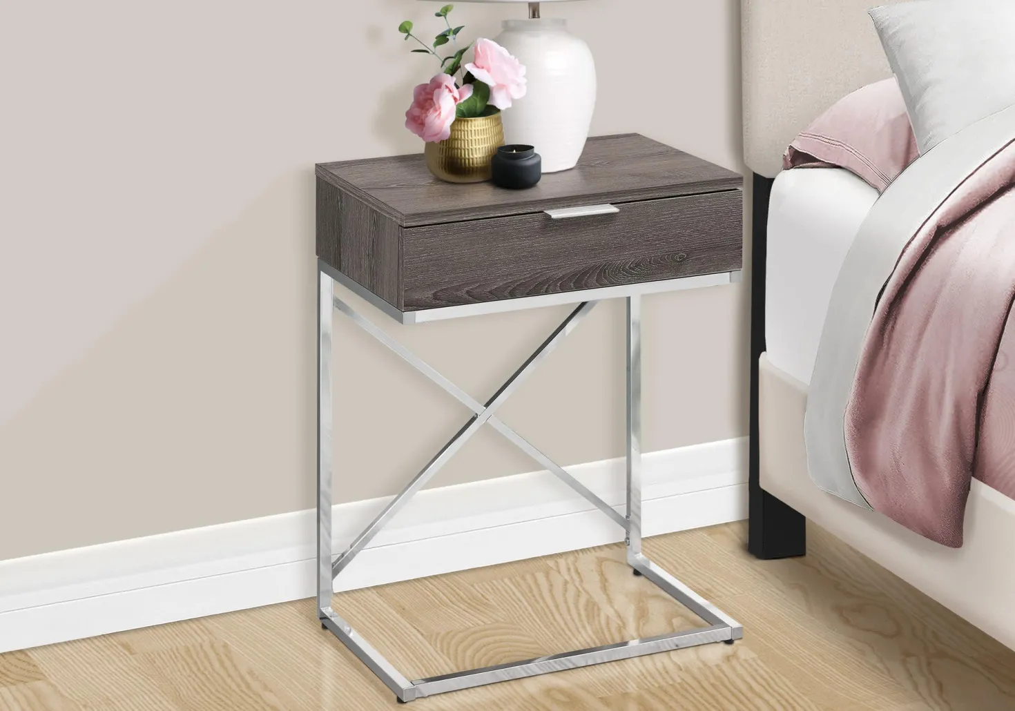 Table d'appoint - 24"H, taupe foncé, métal chrome - Monarch