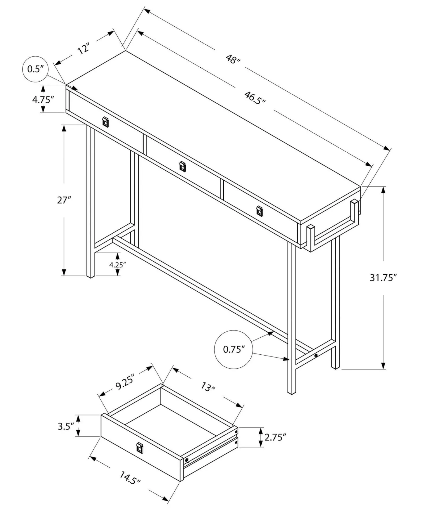 Table d'appoint - 48"L, blanc lustré, métal chrome - Monarch