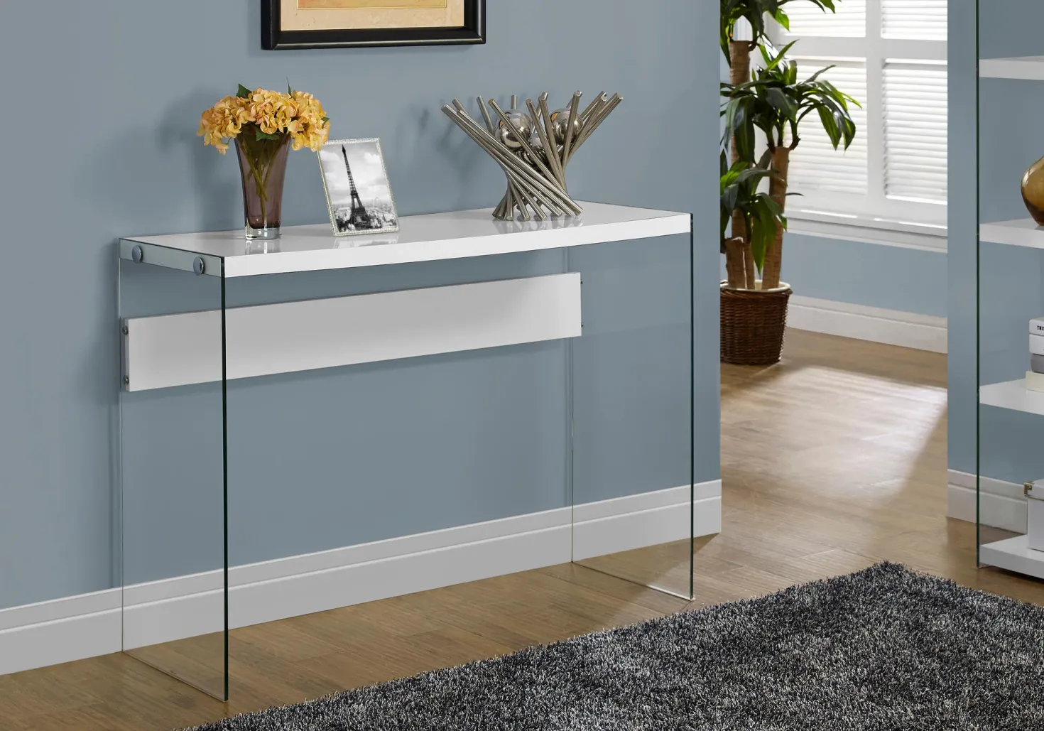 Table d'appoint - 44"L, blanc lustré, verre trempé - Monarch