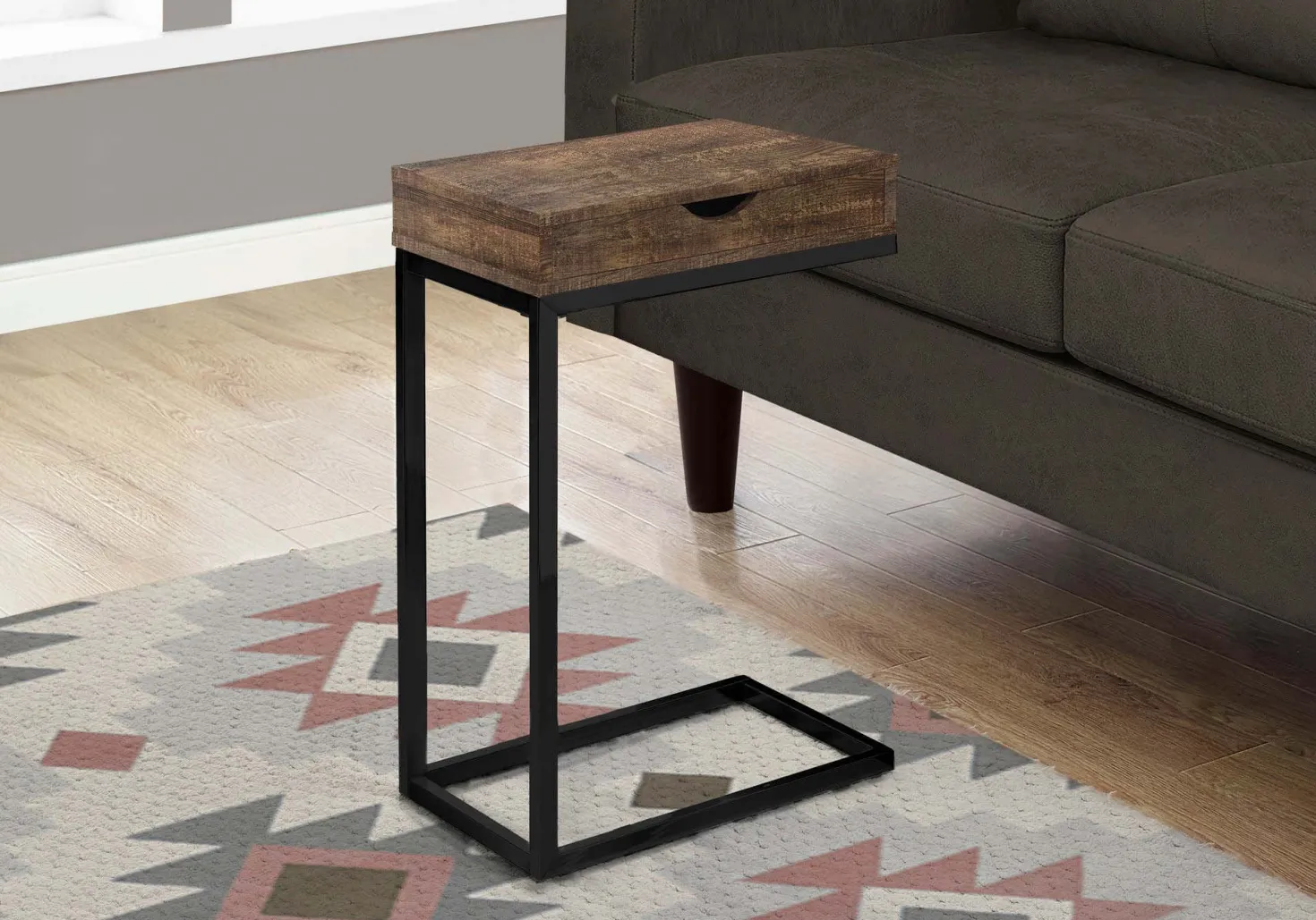 Table d'appoint - métal noir, faux bois brun, tiroir - Monarch