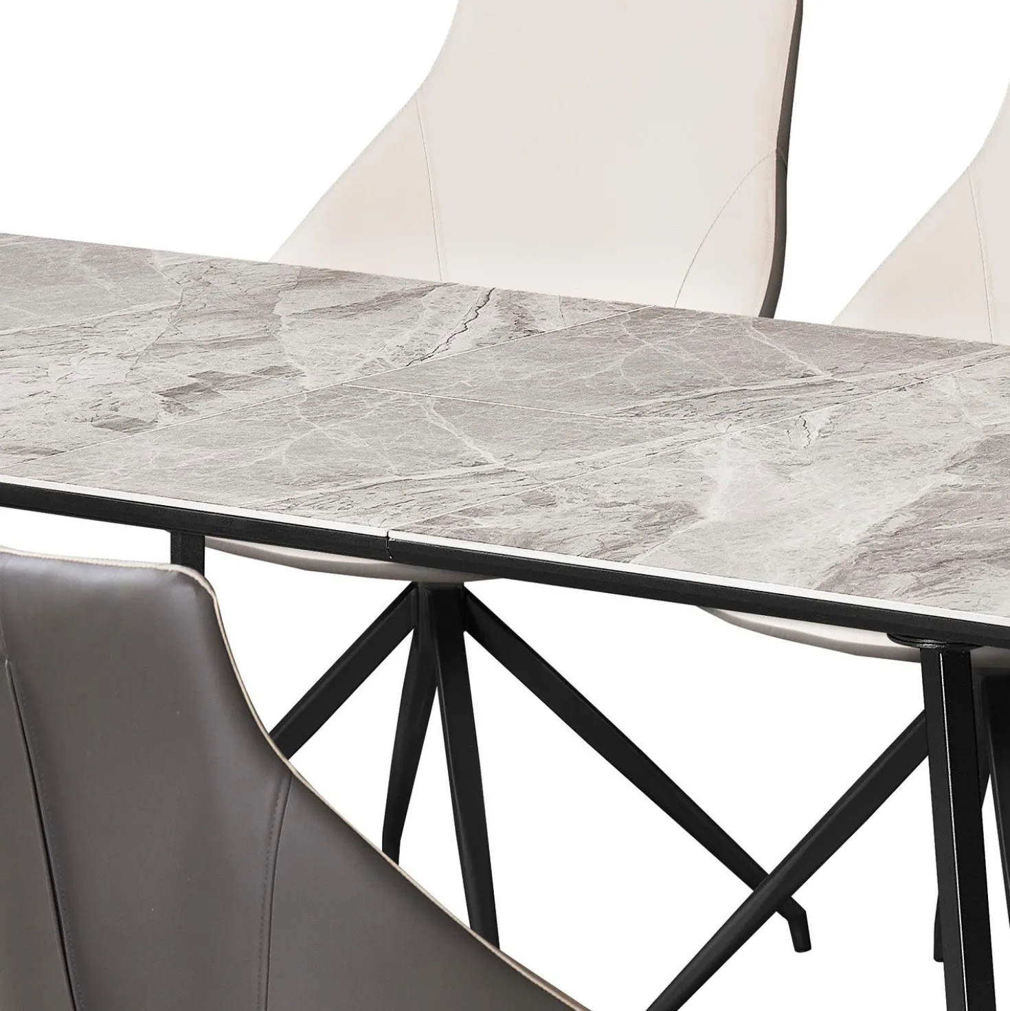 Table en pierre sintérisée et 4 fauteuils de cuisine - crème et gris