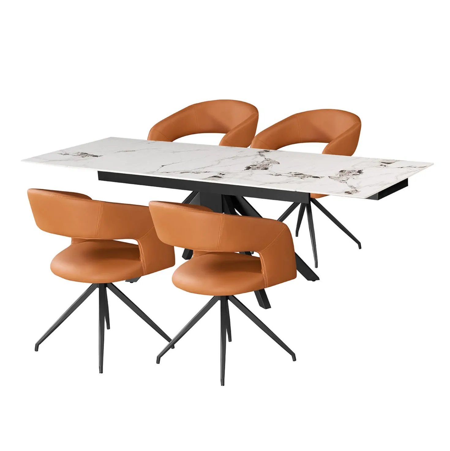 Table en pierre sintérisée et 4 fauteuils de cuisine - orange citrouille