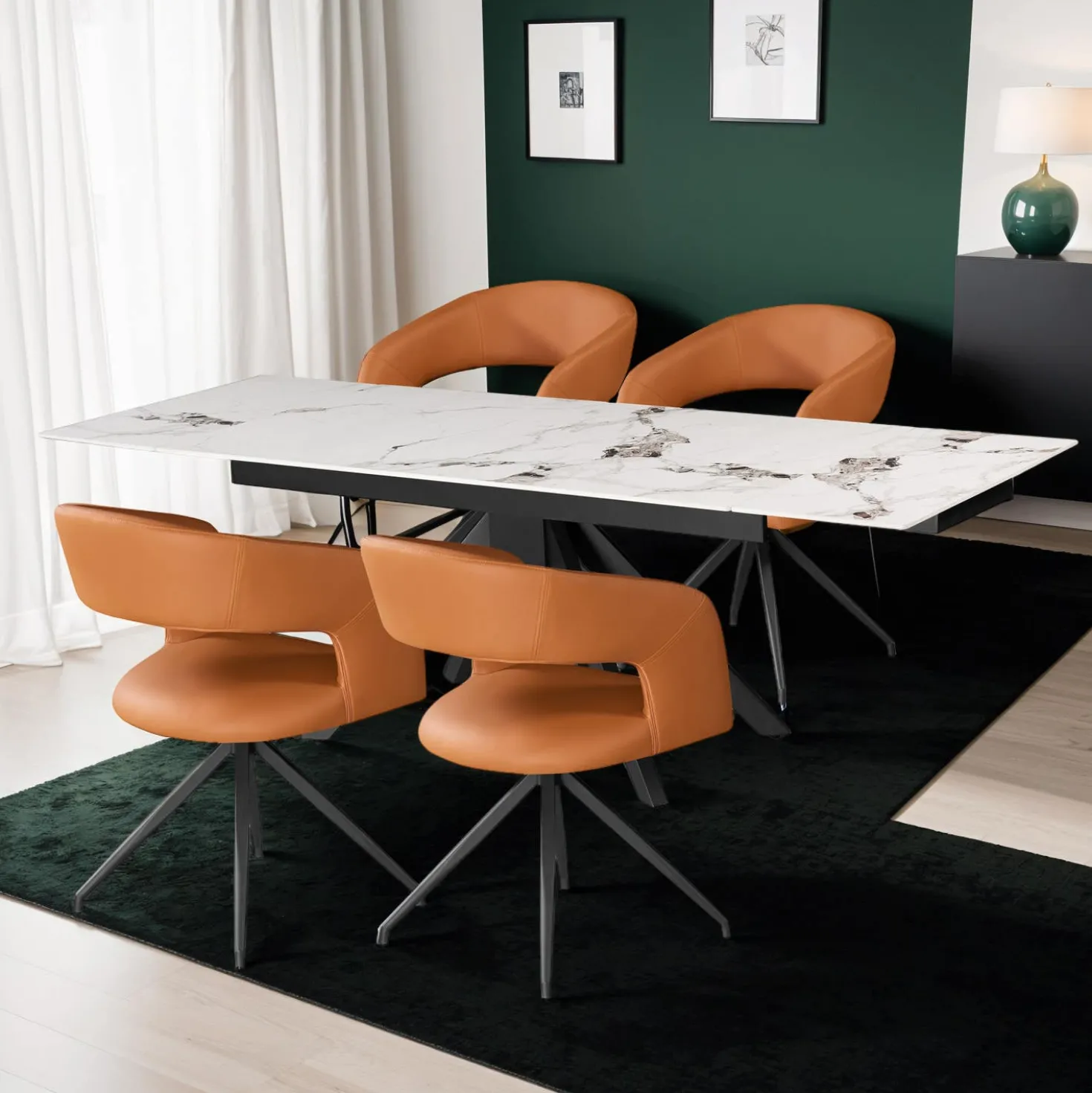 Table en pierre sintérisée et 4 fauteuils de cuisine - orange citrouille