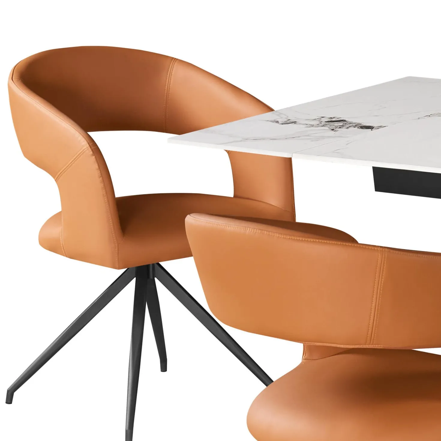 Table en pierre sintérisée et 4 fauteuils de cuisine - orange citrouille