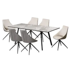 Table en pierre sintérisée et 6 fauteuils de cuisine - crème et gris