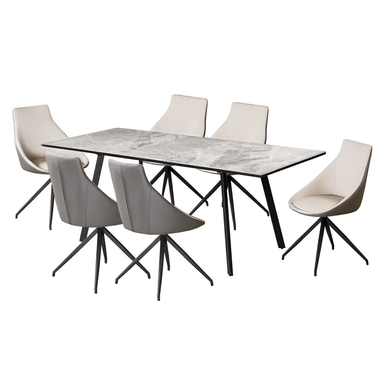Table en pierre sintérisée et 6 fauteuils de cuisine - crème et gris