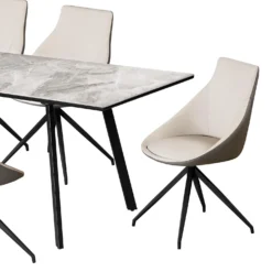 Table en pierre sintérisée et 6 fauteuils de cuisine - crème et gris