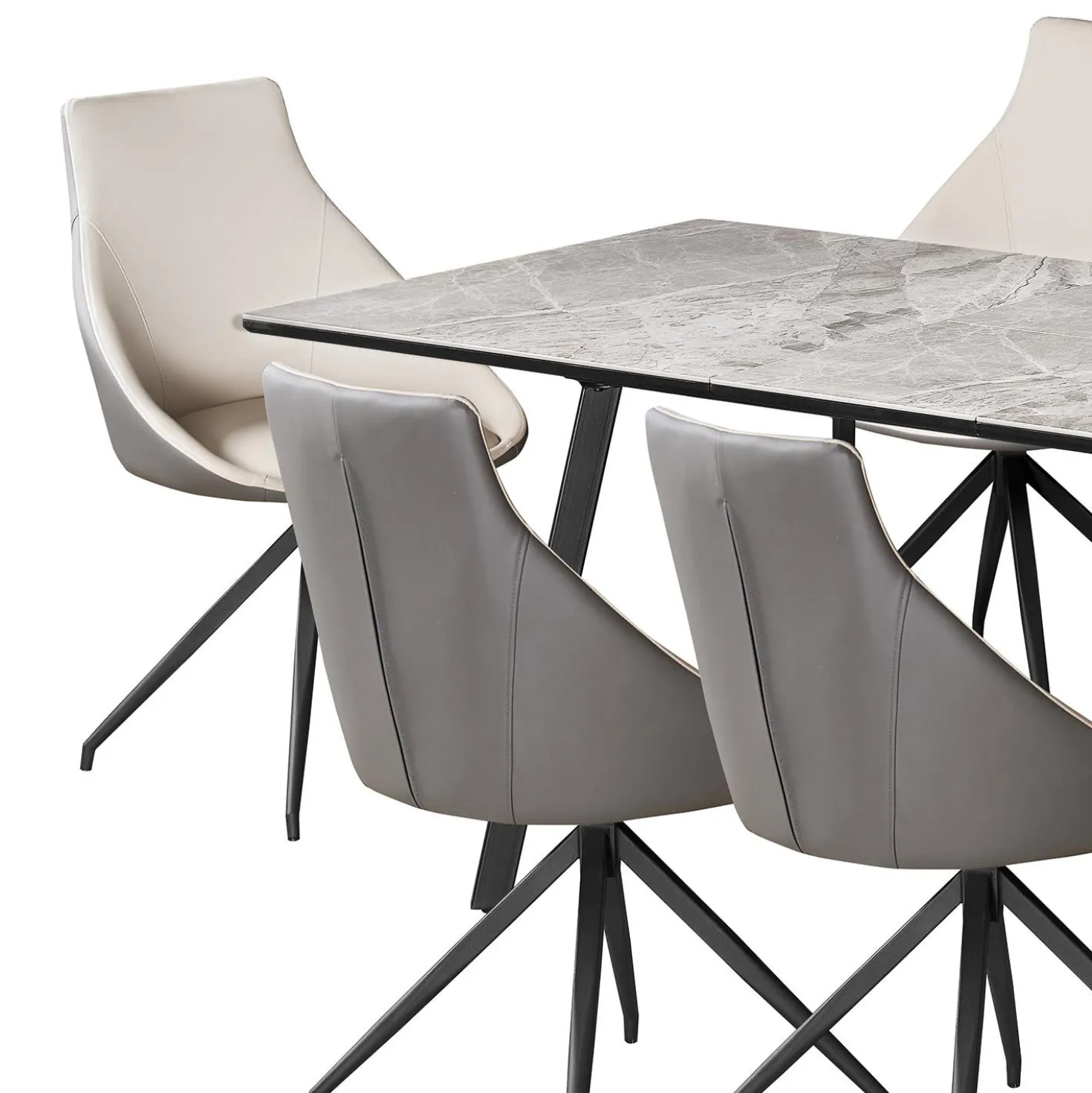 Table en pierre sintérisée et 6 fauteuils de cuisine - crème et gris