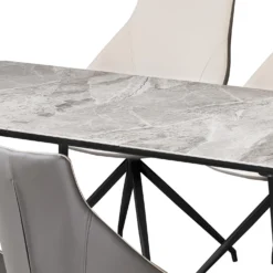 Table en pierre sintérisée et 6 fauteuils de cuisine - crème et gris