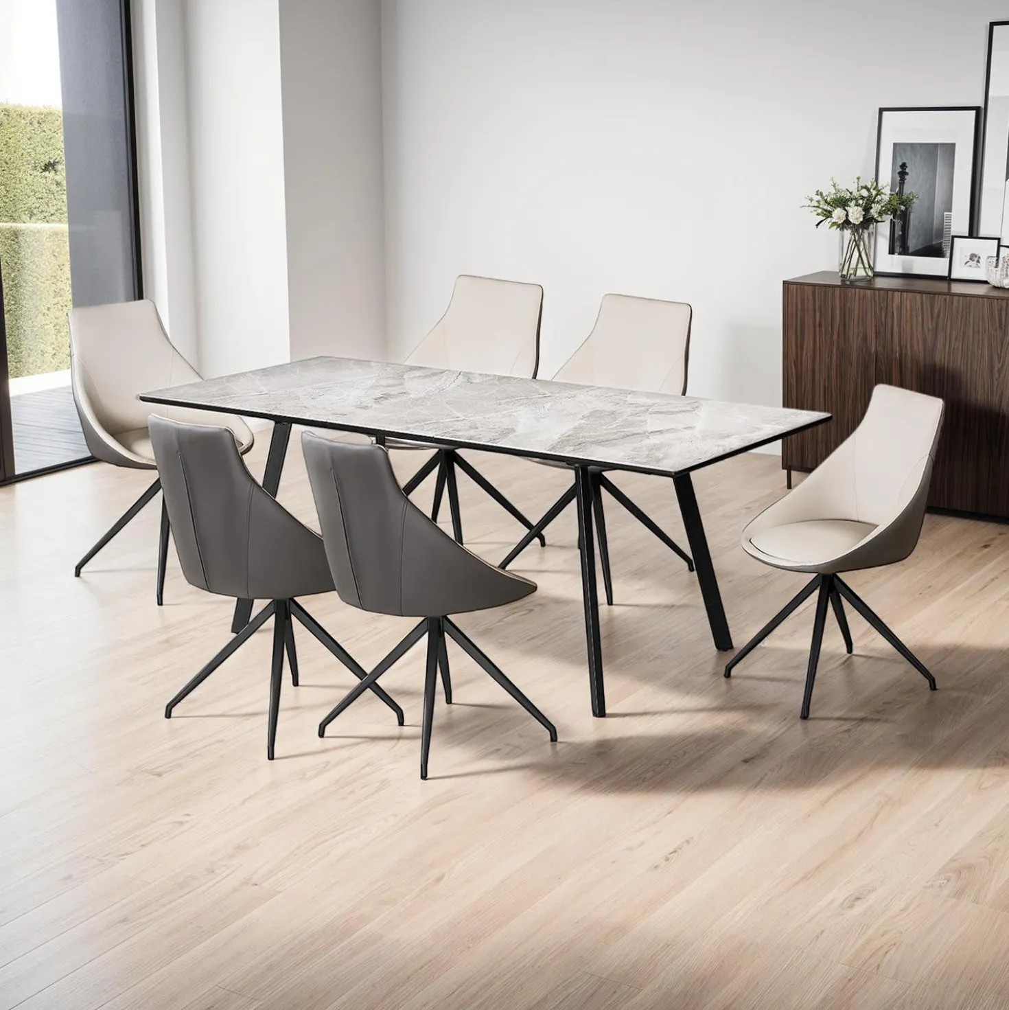 Table en pierre sintérisée et 6 fauteuils de cuisine - crème et gris