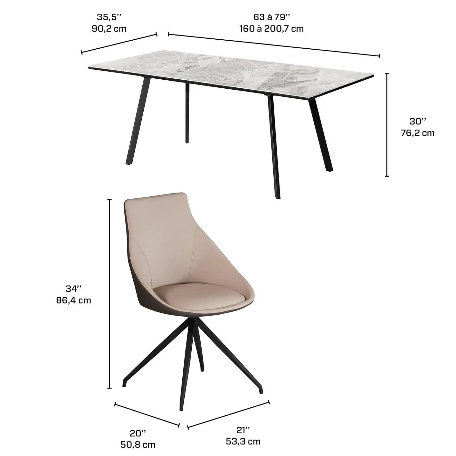 Table en pierre sintérisée et 6 fauteuils de cuisine - crème et gris