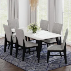 Table à manger avec plateau effet marbre blanc et 6 chaises - tissu gris