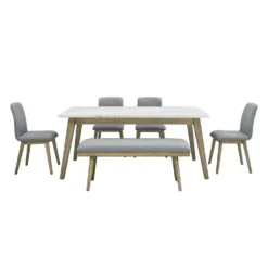 Table à manger avec plateau en marbre blanc, 4 chaises et 1 banc - gris
