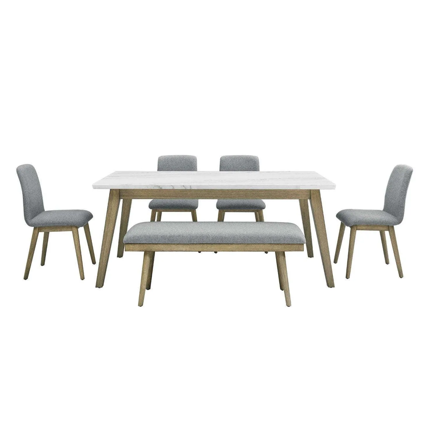 Table à manger avec plateau en marbre blanc, 4 chaises et 1 banc - gris