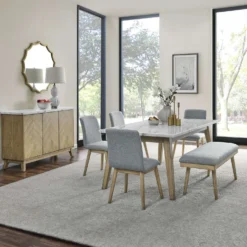 Table à manger avec plateau en marbre blanc, 4 chaises et 1 banc - gris