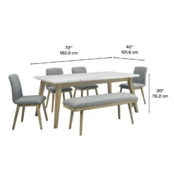 Table à manger avec plateau en marbre blanc, 4 chaises et 1 banc - gris
